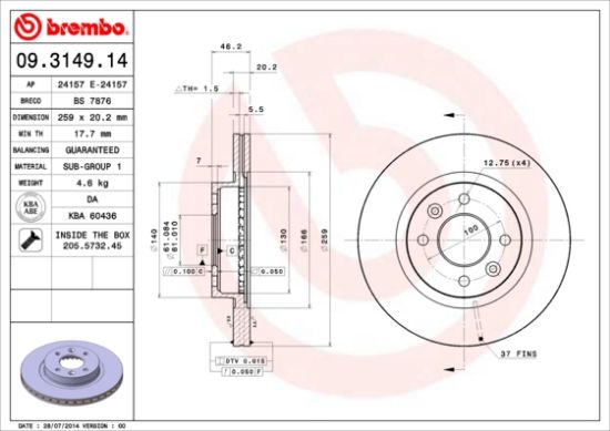 Obrázok Brzdový kotúč BREMBO  09314914