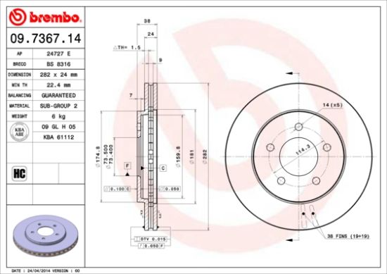 Obrázok Brzdový kotúč BREMBO  09736714