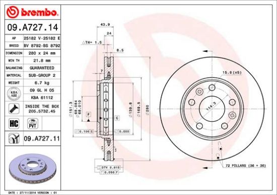 Obrázok Brzdový kotúč BREMBO COATED DISC LINE 09A72711