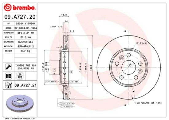 Obrázok Brzdový kotúč BREMBO COATED DISC LINE 09A72721