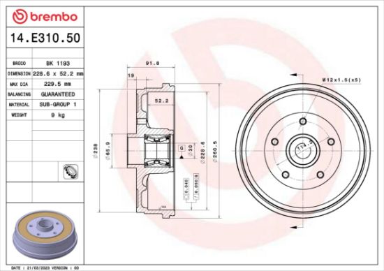 Obrázok Brzdový bubon BREMBO ESSENTIAL LINE - With Bearing Kit 14E31050