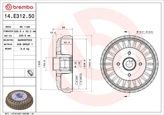 Obrázok Brzdový bubon BREMBO ESSENTIAL LINE - With Bearing Kit 14E31250