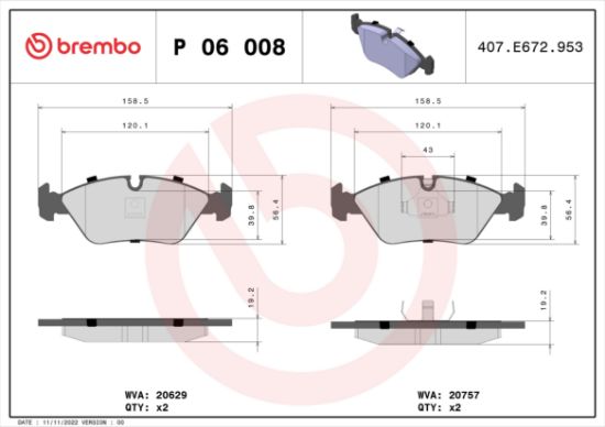 Obrázok Sada brzdových platničiek kotúčovej brzdy BREMBO  P06008