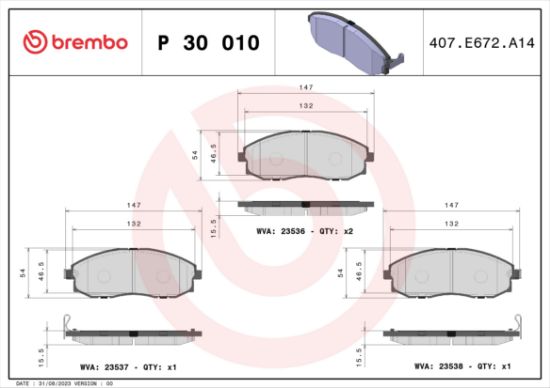 Obrázok Sada brzdových platničiek kotúčovej brzdy BREMBO  P30010
