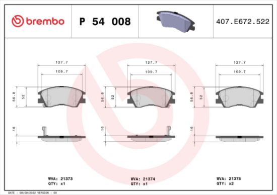 Obrázok Sada brzdových platničiek kotúčovej brzdy BREMBO  P54008
