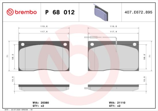 Obrázok Sada brzdových platničiek kotúčovej brzdy BREMBO  P68012