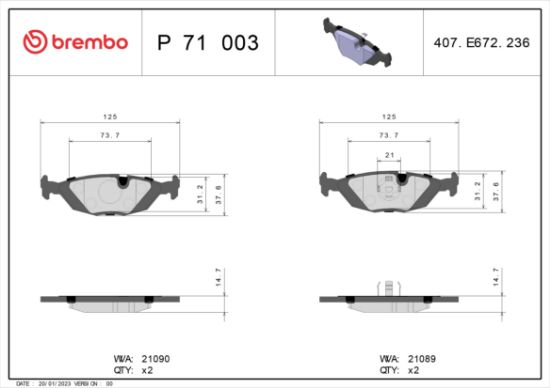 Obrázok Sada brzdových platničiek kotúčovej brzdy BREMBO  P71003
