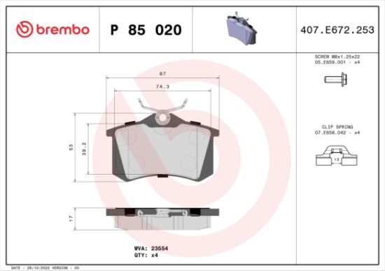 Obrázok Sada brzdových platničiek kotúčovej brzdy BREMBO  P85020