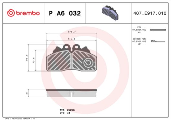 Obrázok Sada brzdových platničiek kotúčovej brzdy BREMBO  PA6032