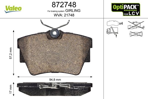 Obrázok Sada brzdových platničiek kotúčovej brzdy VALEO OPTIPACK for LCV 872748